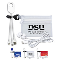 Mobile Tech Earbud and Charging Cables Kit In Translucent Carabiner Zipper Pouch